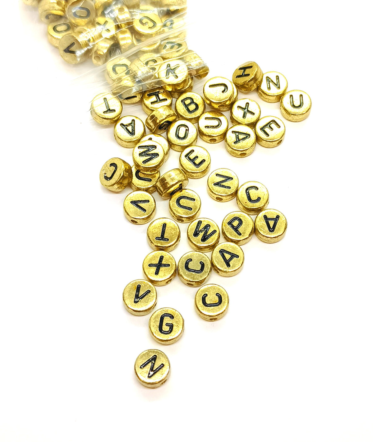 7mm Gold Flat Round Acrylic Alphabet Beads - Mixed Letters