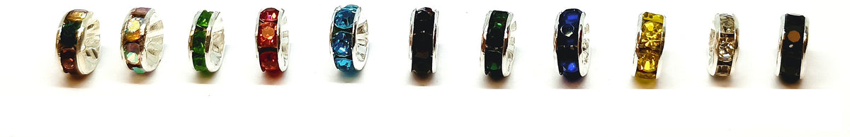 8mm Mixed Colour Rhinestone Rondelle Spacer Beads - Silver Plated