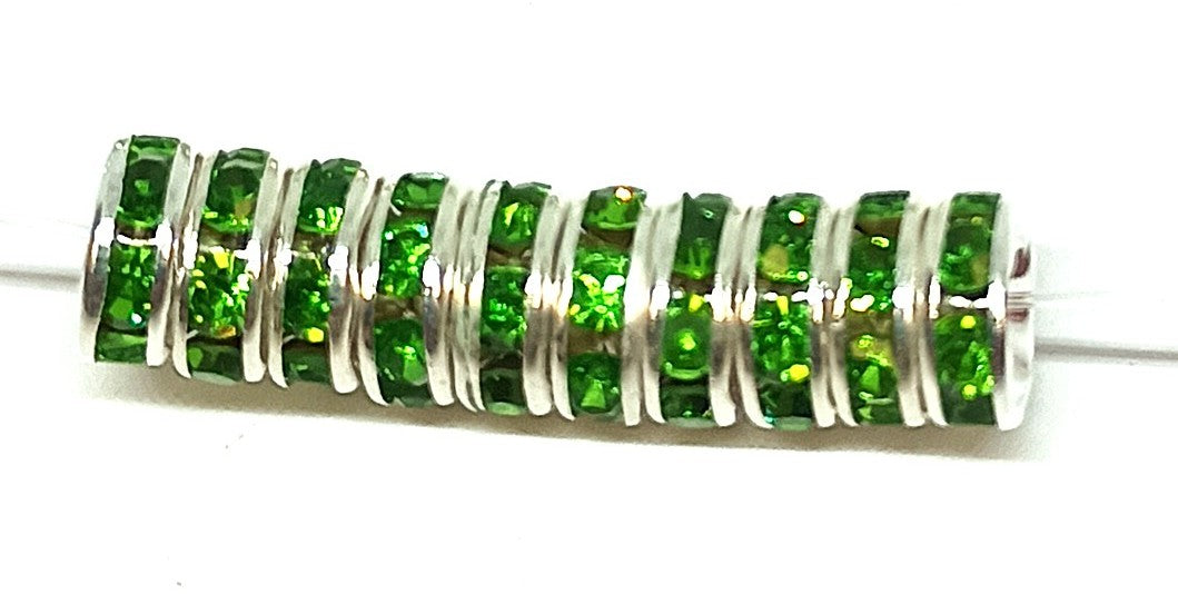 8mm Green Rhinestone Rondelle Spacer Beads - Silver Plated