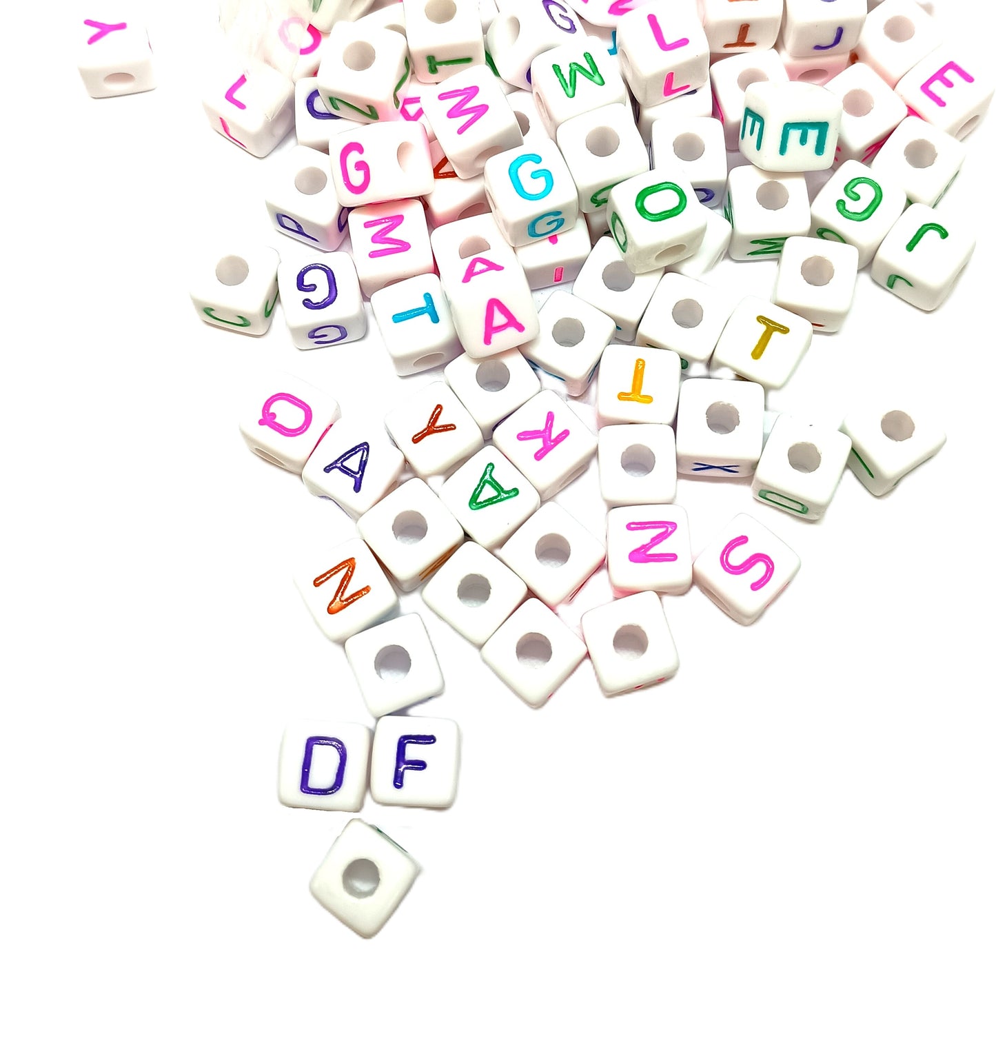 10mm White Cube Acrylic Alphabets Beads - Colourful Mixed Letters