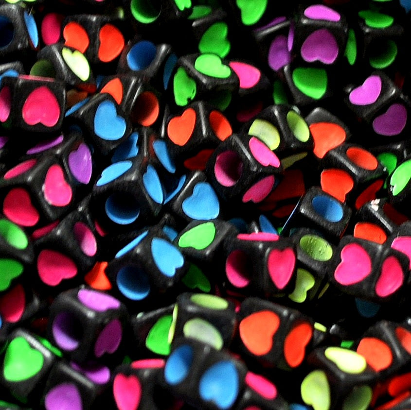 7mm Multicolour Heart Print Black Acrylic Cube Beads