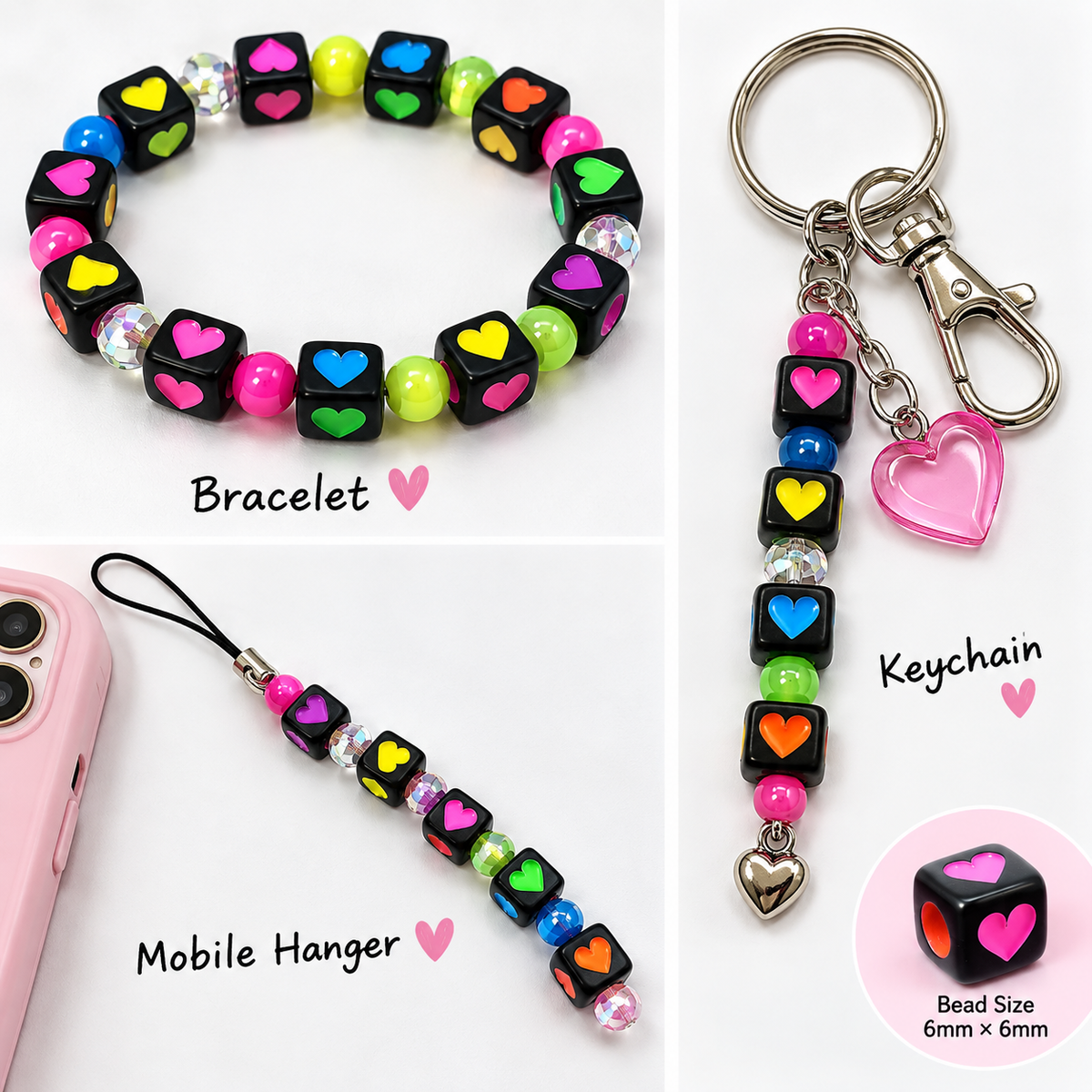 6mm Multicolour Heart Print Black Acrylic Cube Beads