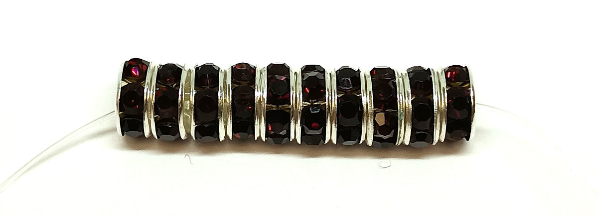 8mm Dark Purple Rhinestone Rondelle Spacer Beads - Silver Plated