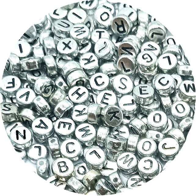 7x4mm Silver Flat Round Acrylic Alphabet Beads - Single & Mixed Letters