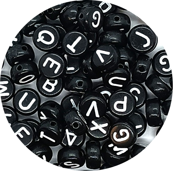 7x4mm Black Flat Round Acrylic Alphabet Beads - Single & Mixed Letters