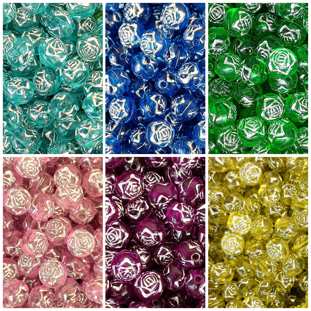 8mm Round Rose Acrylic Beads with Silver Detail - Multicoloured