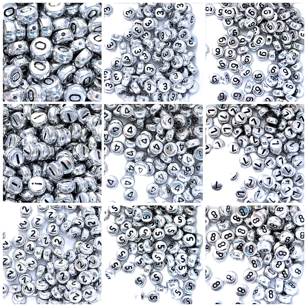 7mm Silver Round Numbers Beads