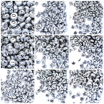 7mm Silver Round Numbers Beads