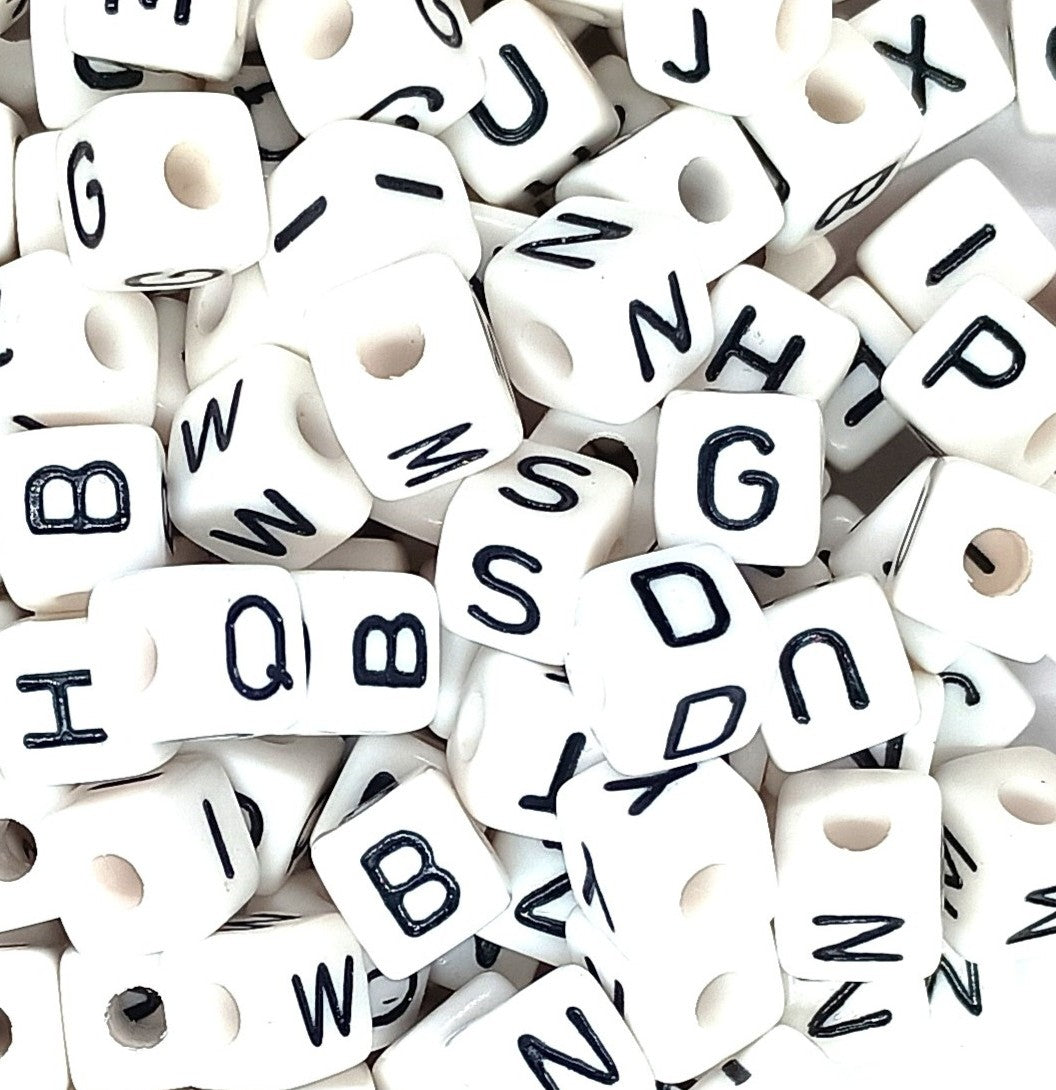 10mm White Cube Acrylic Alphabets Beads - Mixed Letters