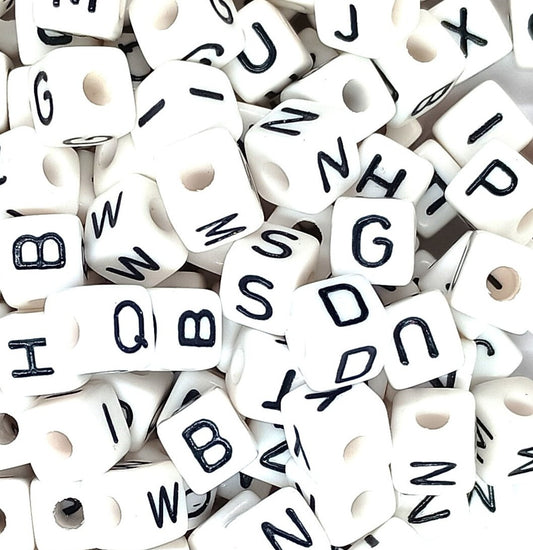 10mm White Cube Acrylic Alphabets Beads - Mixed Letters