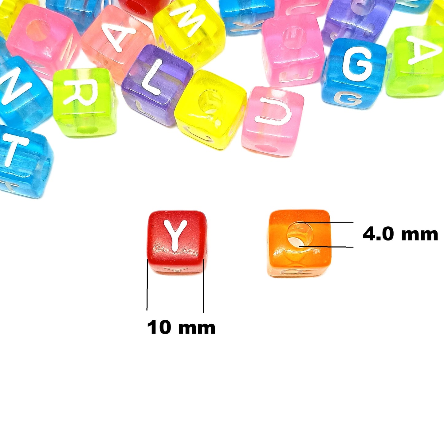 10mm Transparent Cube Acrylic Alphabet Beads - Multicoloured