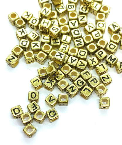 6mm Gold Cube Acrylic Alphabet Beads - Mixed Letters