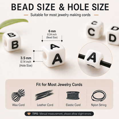 6mm White Cube Acrylic Alphabet Beads - Single & Mixed Letters