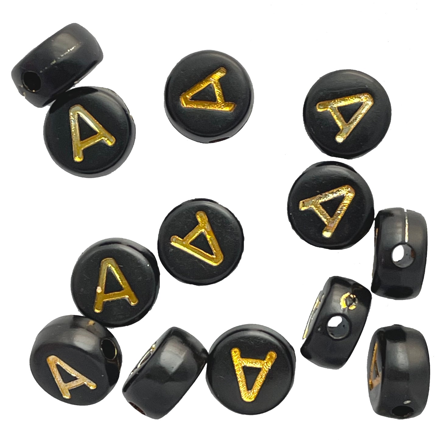 7x4mm Black Flat Round Acrylic Alphabet Beads - Gold Single & Mixed Letters