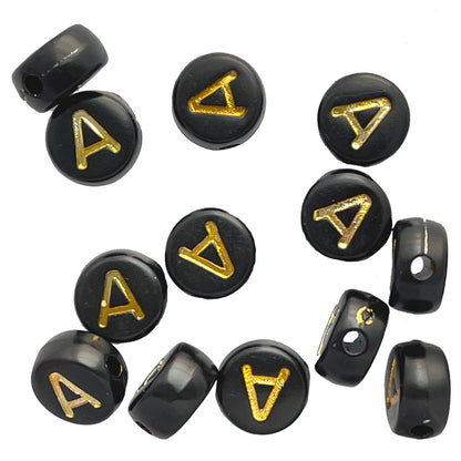 7x4mm Black Flat Round Acrylic Alphabet Beads - Gold Single & Mixed Letters