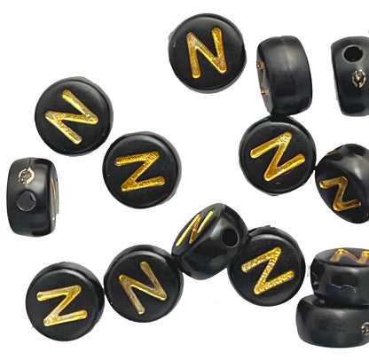 7x4mm Black Flat Round Acrylic Alphabet Beads - Gold Single & Mixed Letters
