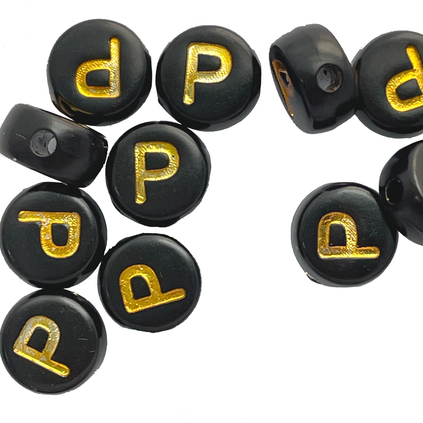 7x4mm Black Flat Round Acrylic Alphabet Beads - Gold Single & Mixed Letters