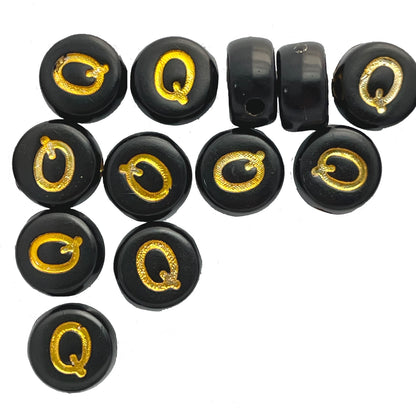 7x4mm Black Flat Round Acrylic Alphabet Beads - Gold Single & Mixed Letters