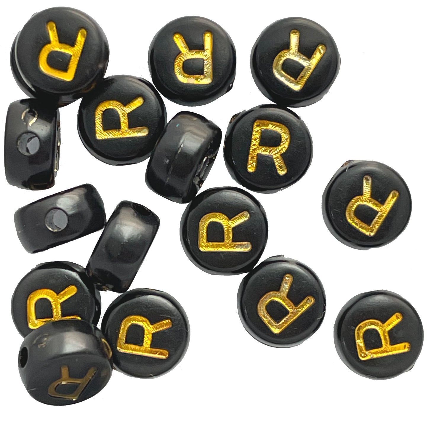 7x4mm Black Flat Round Acrylic Alphabet Beads - Gold Single & Mixed Letters
