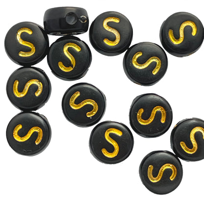 7x4mm Black Flat Round Acrylic Alphabet Beads - Gold Single & Mixed Letters