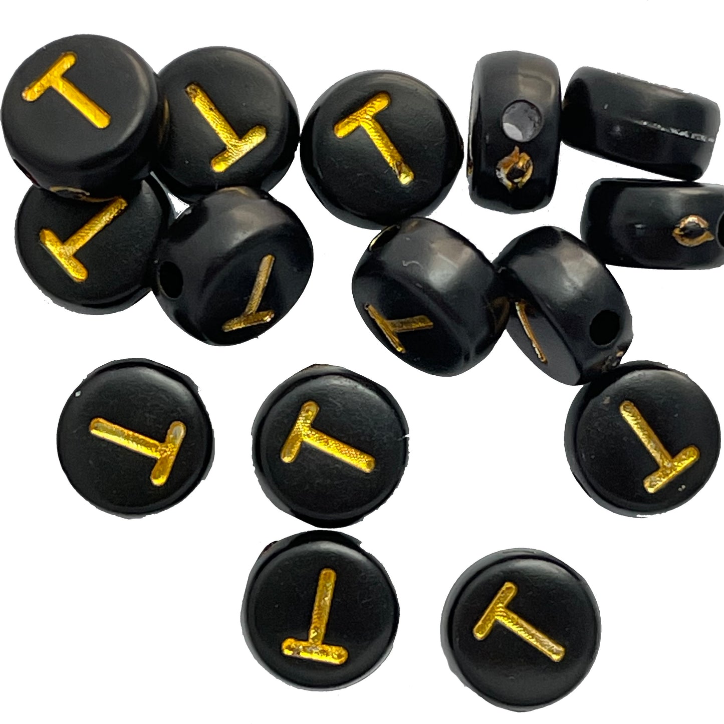 7x4mm Black Flat Round Acrylic Alphabet Beads - Gold Single & Mixed Letters