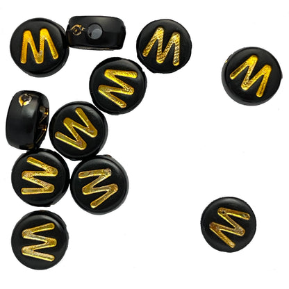 7x4mm Black Flat Round Acrylic Alphabet Beads - Gold Single & Mixed Letters