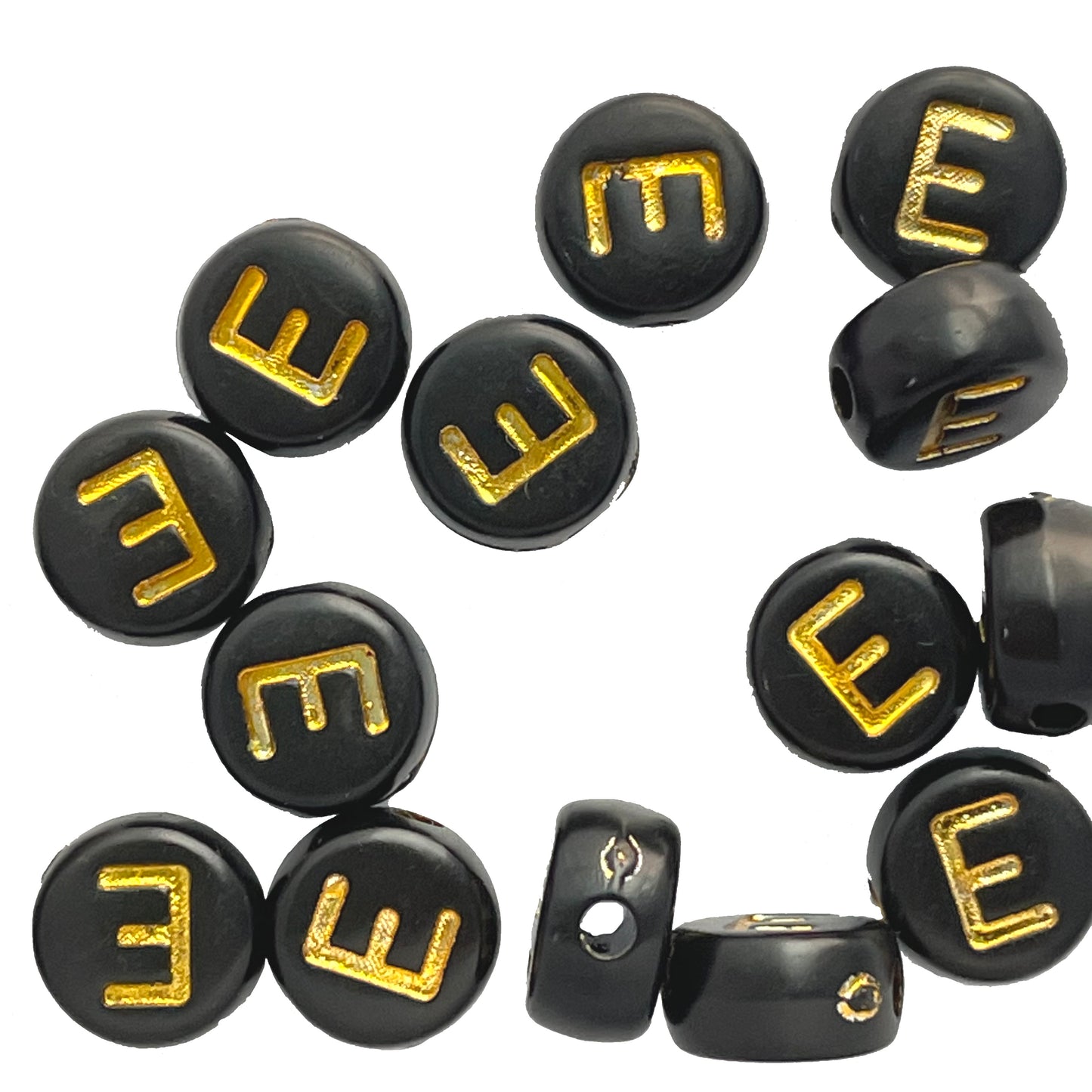 7x4mm Black Flat Round Acrylic Alphabet Beads - Gold Single & Mixed Letters