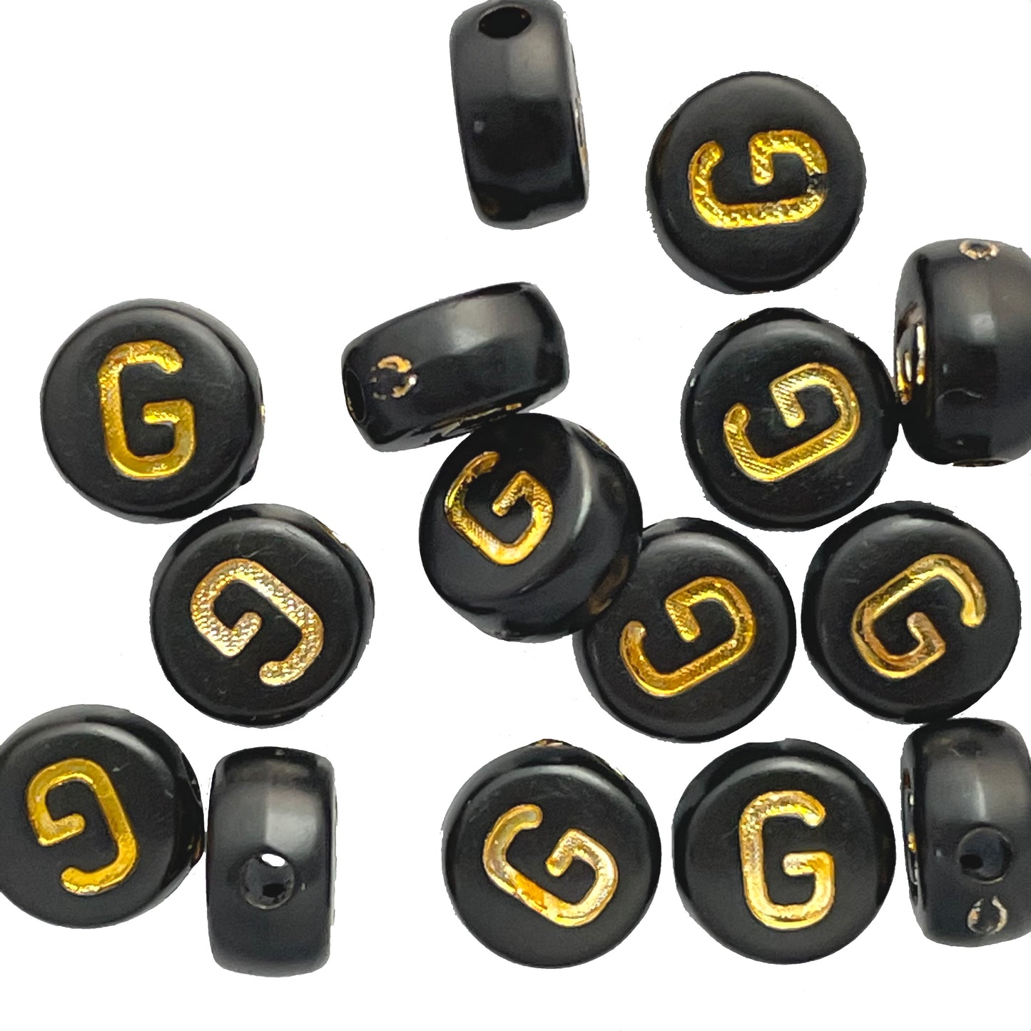 7x4mm Black Flat Round Acrylic Alphabet Beads - Gold Single & Mixed Letters