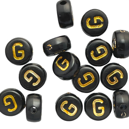 7x4mm Black Flat Round Acrylic Alphabet Beads - Gold Single & Mixed Letters