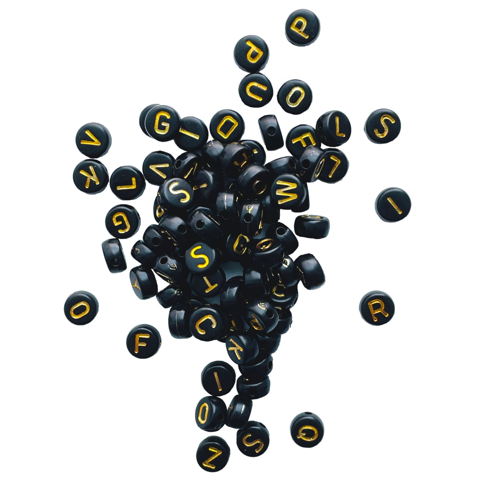 7x4mm Black Flat Round Acrylic Alphabet Beads - Gold Single & Mixed Letters