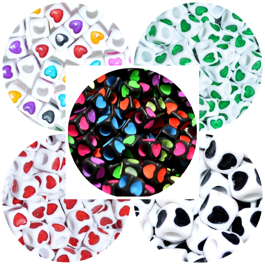 6mm Multicolor Heart Print White Acrylic Cube Beads