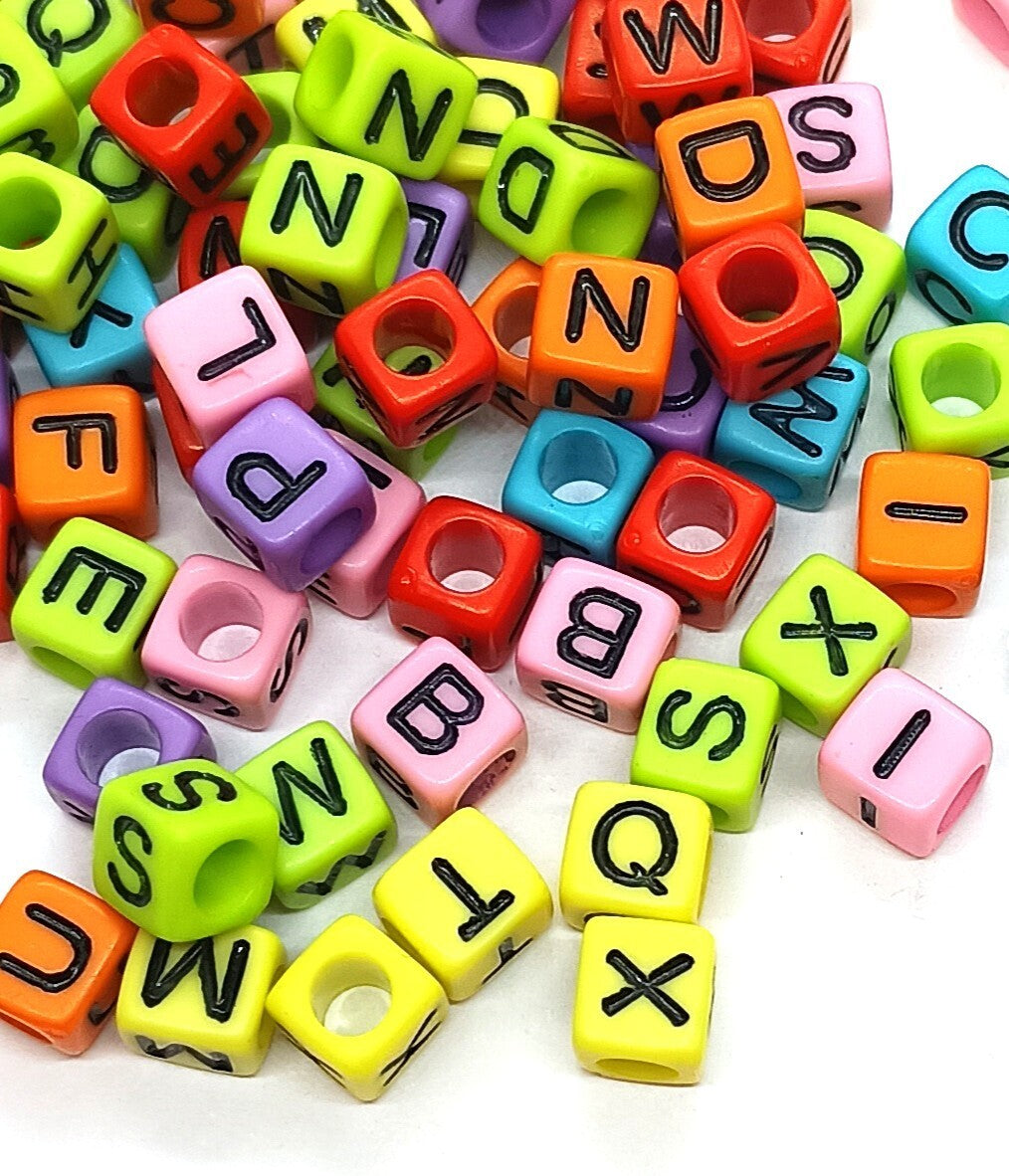 6mm Cube Acrylic Alphabet Beads - Solid Multicoloured