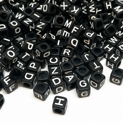 6mm Black Cube Acrylic Alphabet Beads - Single & Mixed Letters