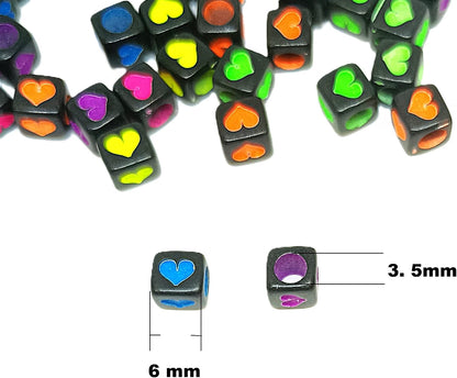 6mm Multicolour Heart Print Black Acrylic Cube Beads