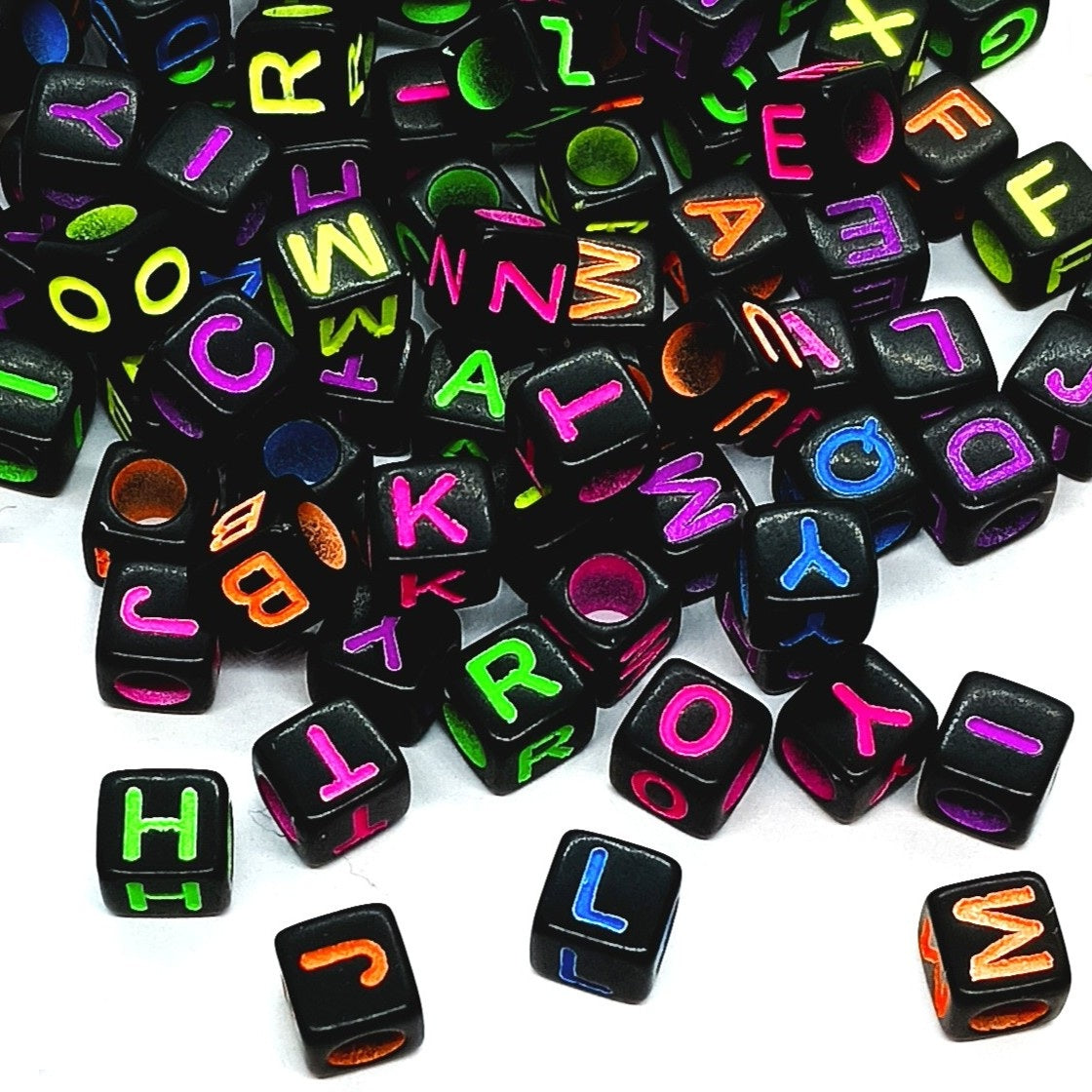 6mm Black Cube Acrylic Alphabet Beads - Colourful Mixed Letters