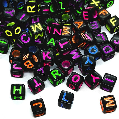 6mm Black Cube Acrylic Alphabet Beads - Colourful Mixed Letters