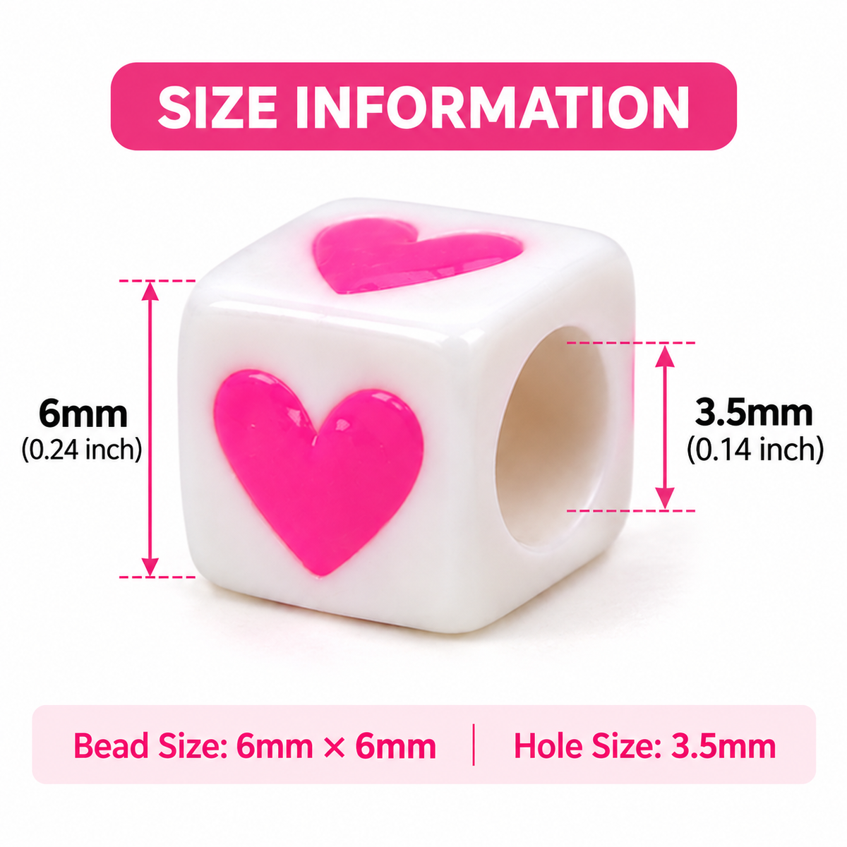 6mm Multicolor Heart Print White Acrylic Cube Beads