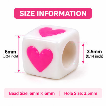 6mm Multicolor Heart Print White Acrylic Cube Beads