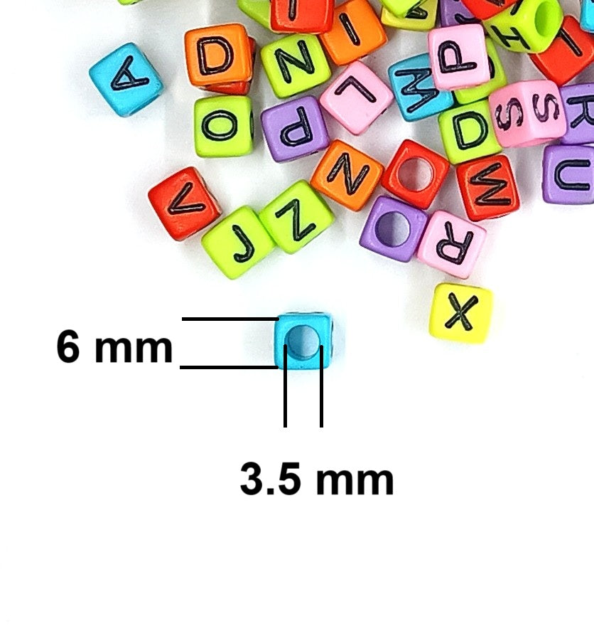 6mm Cube Acrylic Alphabet Beads - Solid Multicoloured
