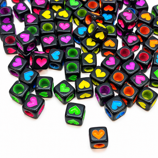 6mm Multicolour Heart Print Black Acrylic Cube Beads
