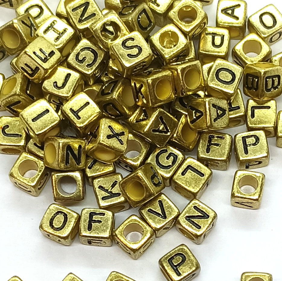 6mm Gold Cube Acrylic Alphabet Beads - Mixed Letters