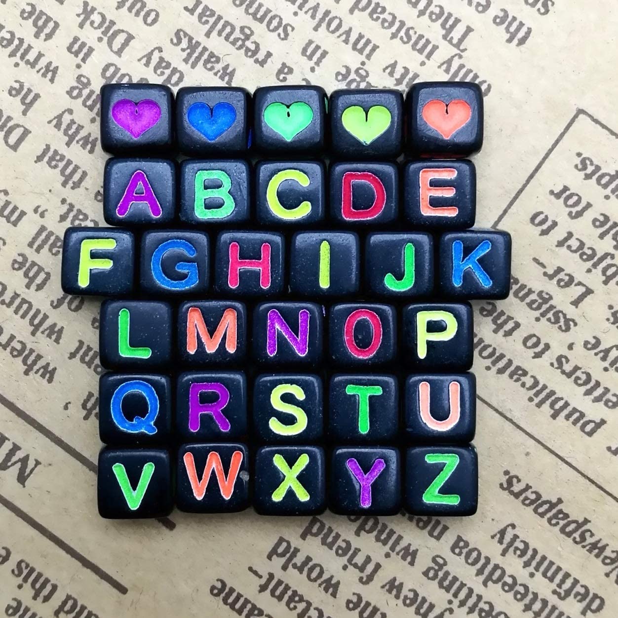 7mm Black Cube Acrylic Alphabet Beads - Colourful Mixed Letters