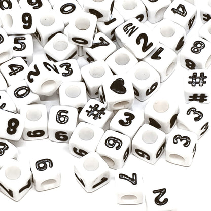 7mm White Cube Numbers Beads