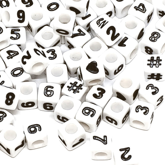7mm White Cube Numbers Beads
