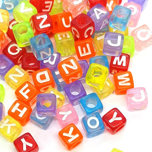7mm Transparent Cube Acrylic Alphabet Beads - Multicoloured