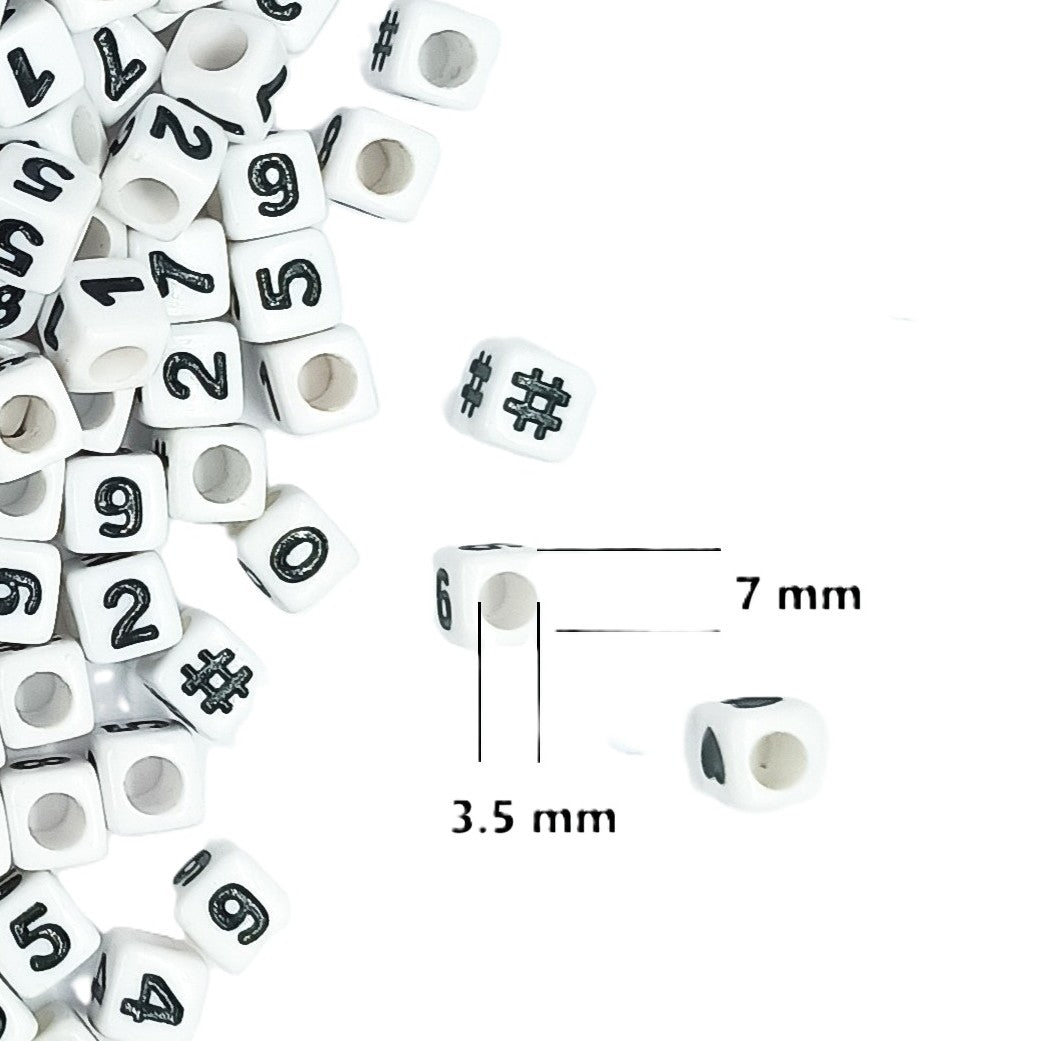 7mm White Cube Numbers Beads