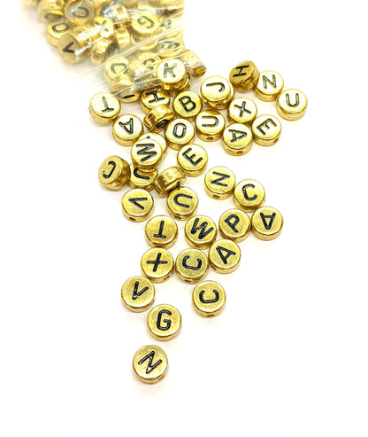 7mm Gold Flat Round Acrylic Alphabet Beads - Mixed Letters