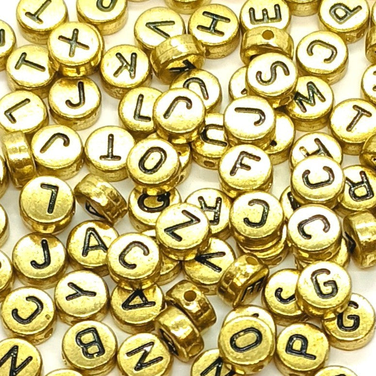 7mm Gold Flat Round Acrylic Alphabet Beads - Mixed Letters