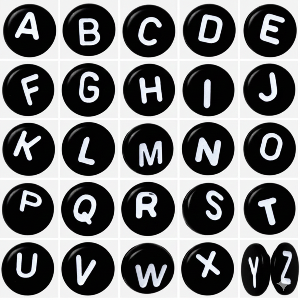 7x4mm Black Flat Round Acrylic Alphabet Beads - Single & Mixed Letters