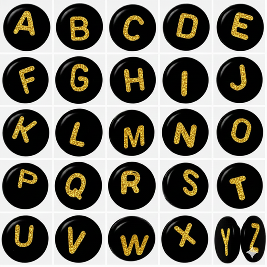 7x4mm Black Flat Round Acrylic Alphabet Beads - Gold Single & Mixed Letters